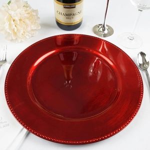 RUBY RED 13” DECORATIVE ACRYLIC CHARGER PLATES w/BEADED RIMS 10 PC SET — NEW